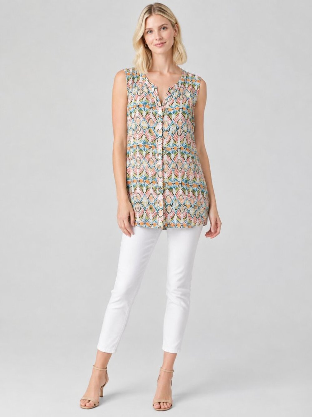 2/$30 J. Jill Notched Geometric Print Sleeveless Button-Down Blouse Multi #A4707